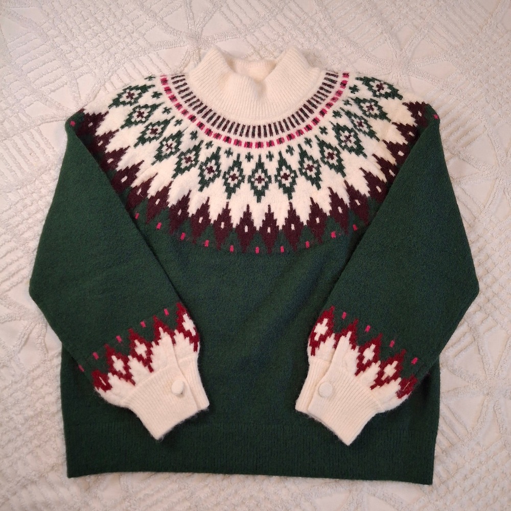Lands End Womens 1X Fuzzy Mock Neck Sweater Green Fair Isle Button‎ Cuff Knit